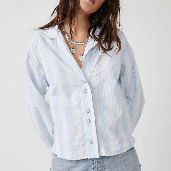 We The Free Tops - We The Free Button Down Striped Light Blue White Kelia Trapeze Boho Shirt Medium